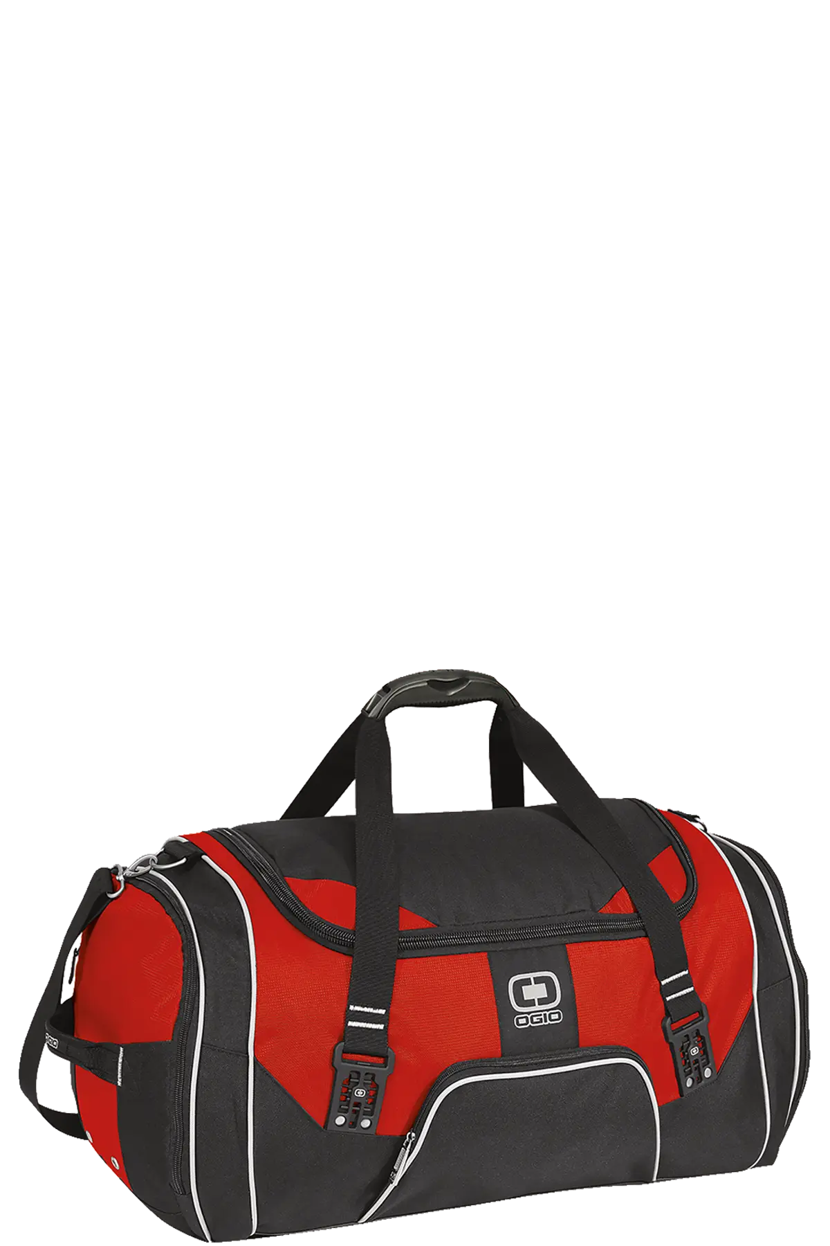 Red and black duffel bag on a white background. Paper Street Print Co, Blairstown, NJ.