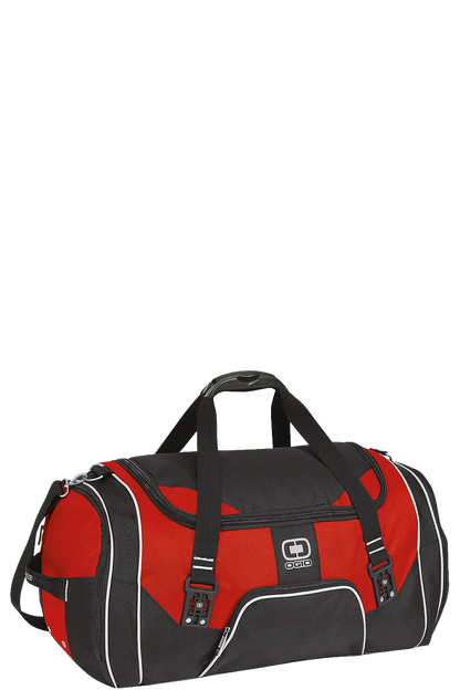 Red and black duffel bag on a white background. Paper Street Print Co, Blairstown, NJ.