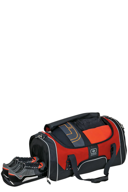 Red and black duffel bag with a shoe on a white background. Paper Street Print Co, Blairstown, NJ.