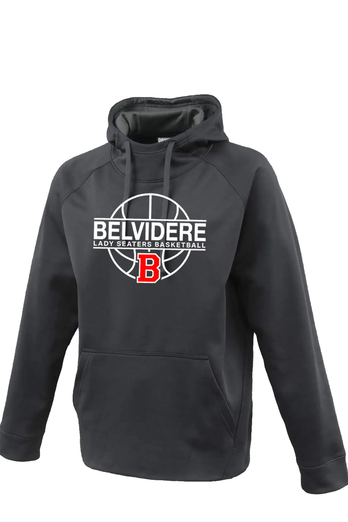 A dark gray pullover hoodie featuring a white and red graphic on the chest that reads 'BELVIDERE LADY SEATERS BASKETBALL' with a basketball and letter 'B' design. Paper Street Print Co, Blairstown, NJ.