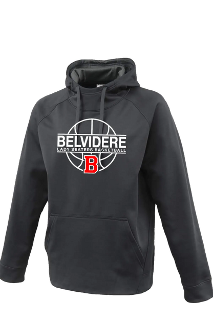 A dark gray pullover hoodie featuring a white and red graphic on the chest that reads 'BELVIDERE LADY SEATERS BASKETBALL' with a basketball and letter 'B' design. Paper Street Print Co, Blairstown, NJ.