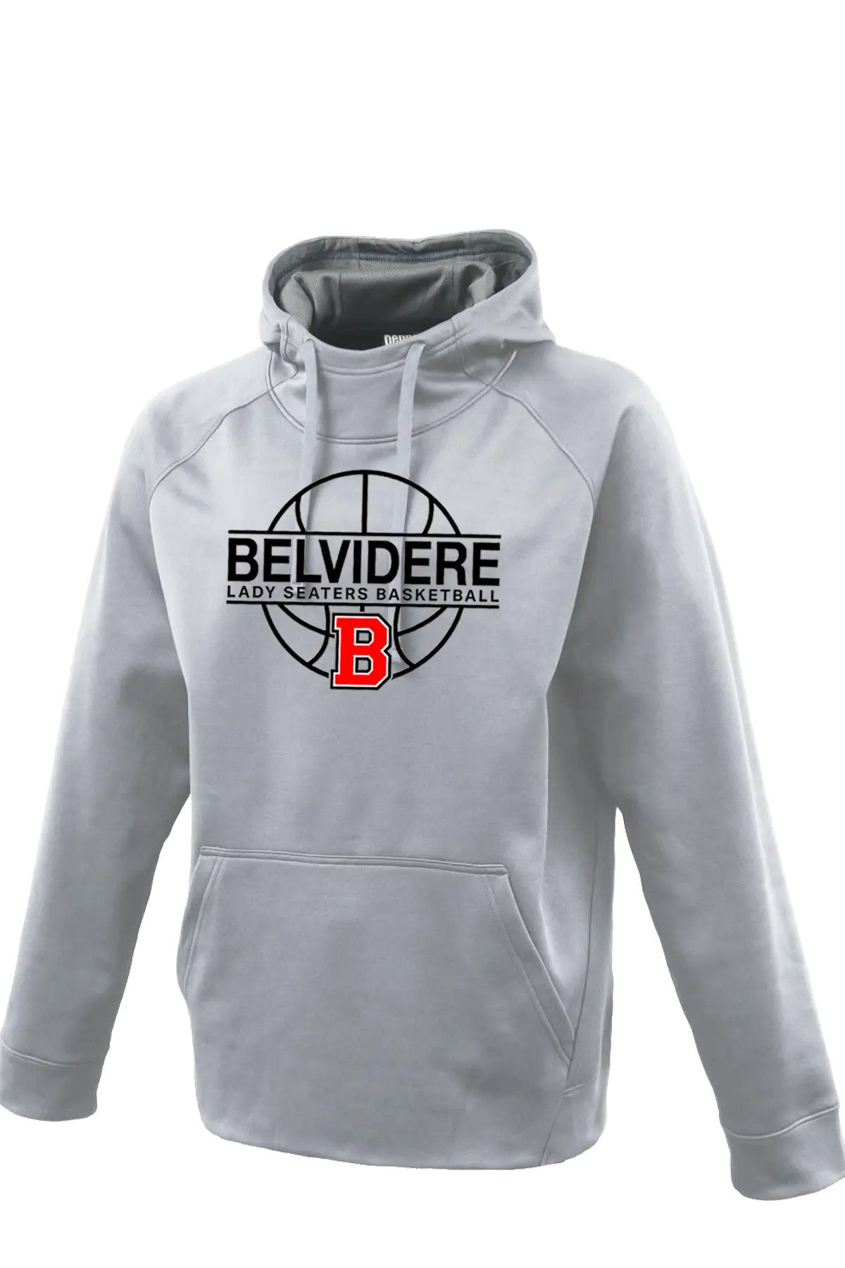 A light gray pullover hoodie featuring a black and red 'Belvidere Lady Seaters Basketball' graphic on the chest, displayed against a plain white background. Paper Street Print Co, Blairstown, NJ.