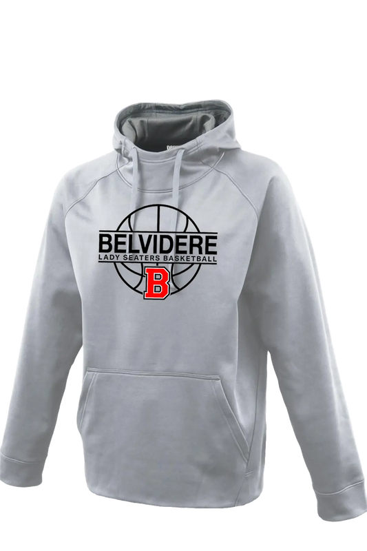 A light gray pullover hoodie featuring a black and red 'Belvidere Lady Seaters Basketball' graphic on the chest, displayed against a plain white background. Paper Street Print Co, Blairstown, NJ.