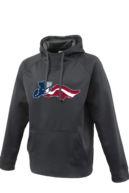 Gray hoodie with a colorful logo on a white background. Paper Street Print Co, Blairstown, NJ.