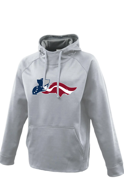 Gray hoodie with a logo featuring an American flag design on a white background. Paper Street Print Co, Blairstown, NJ.