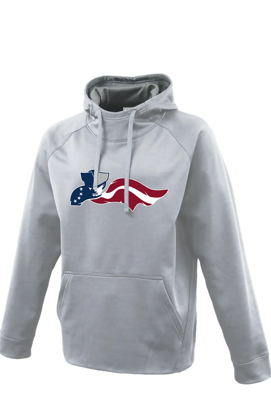 Gray hoodie with a logo featuring an American flag design on a white background. Paper Street Print Co, Blairstown, NJ.