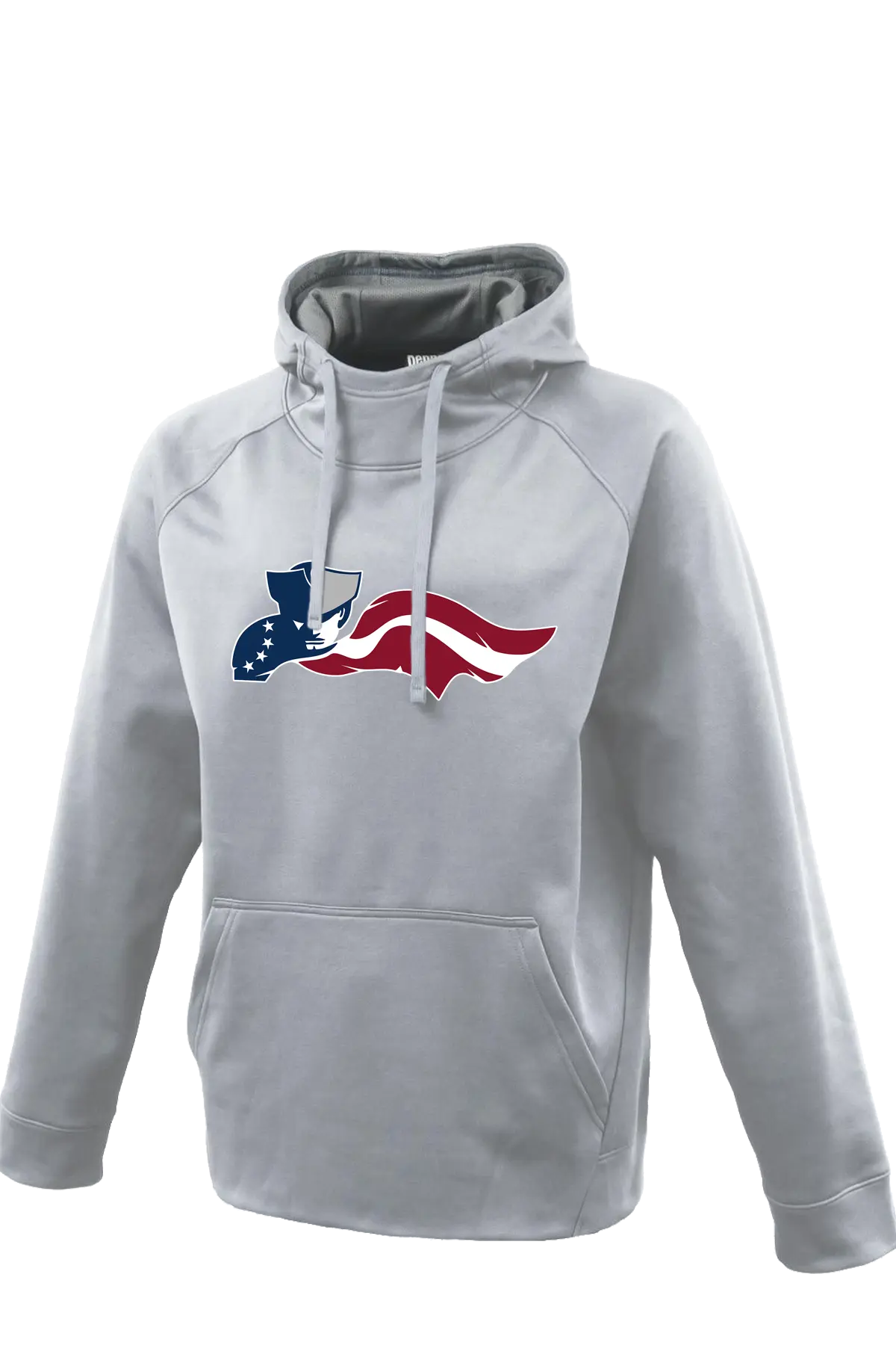 Gray hoodie with a logo featuring an American flag design on a white background. Paper Street Print Co, Blairstown, NJ.
