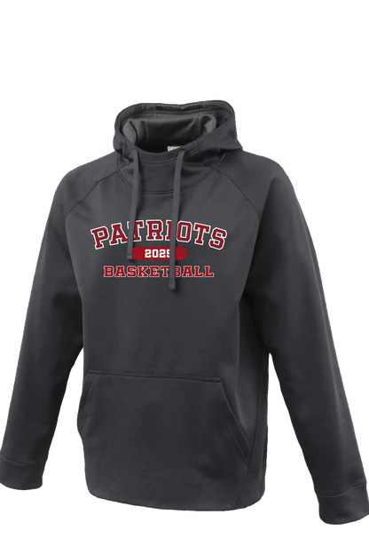 Black hoodie with 'Patriots Basketball 2021' text on a white background. Paper Street Print Co, Blairstown, NJ.