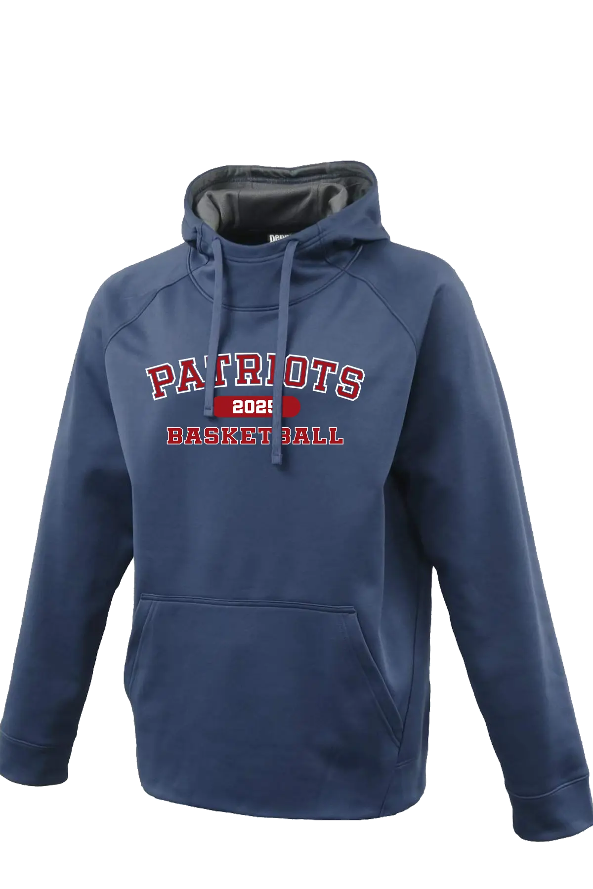 Navy blue hoodie with 'Patriots Basketball 2021' text on a white background. Paper Street Print Co, Blairstown, NJ.