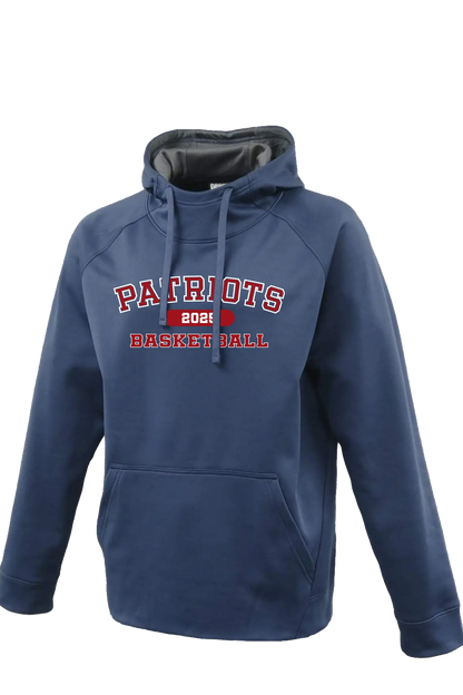Navy blue hoodie with 'Patriots Basketball 2021' text on a white background. Paper Street Print Co, Blairstown, NJ.