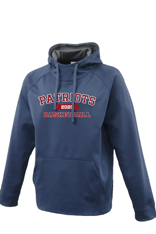 Navy blue hoodie with 'Patriots Basketball 2021' text on a white background. Paper Street Print Co, Blairstown, NJ.