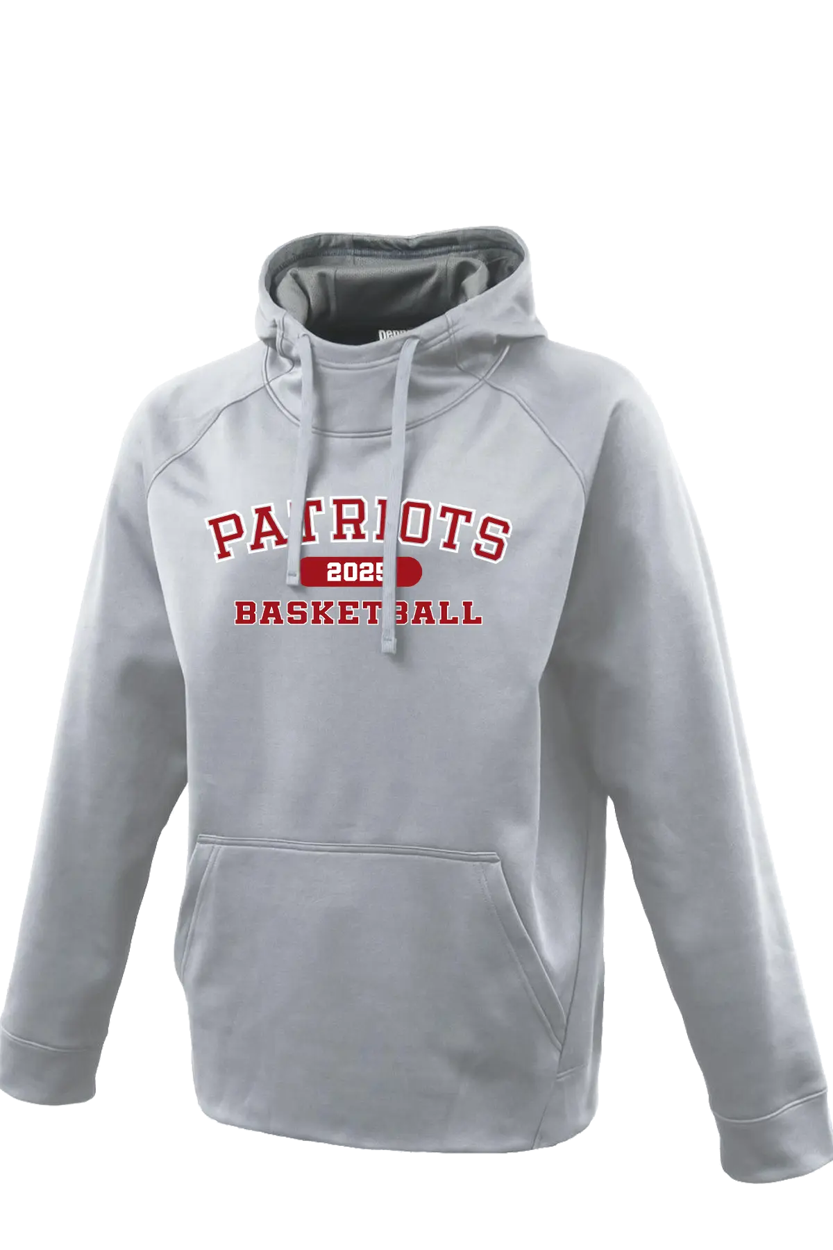 Gray hoodie with 'Patriots Basketball' text on a white background. Paper Street Print Co, Blairstown, NJ.
