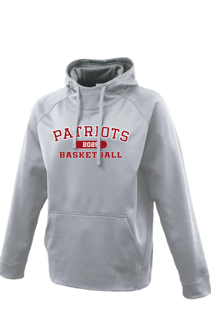 Gray hoodie with 'Patriots Basketball' text on a white background. Paper Street Print Co, Blairstown, NJ.