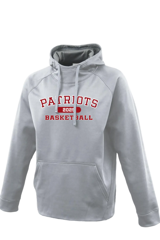 Gray hoodie with 'Patriots Basketball' text on a white background. Paper Street Print Co, Blairstown, NJ.