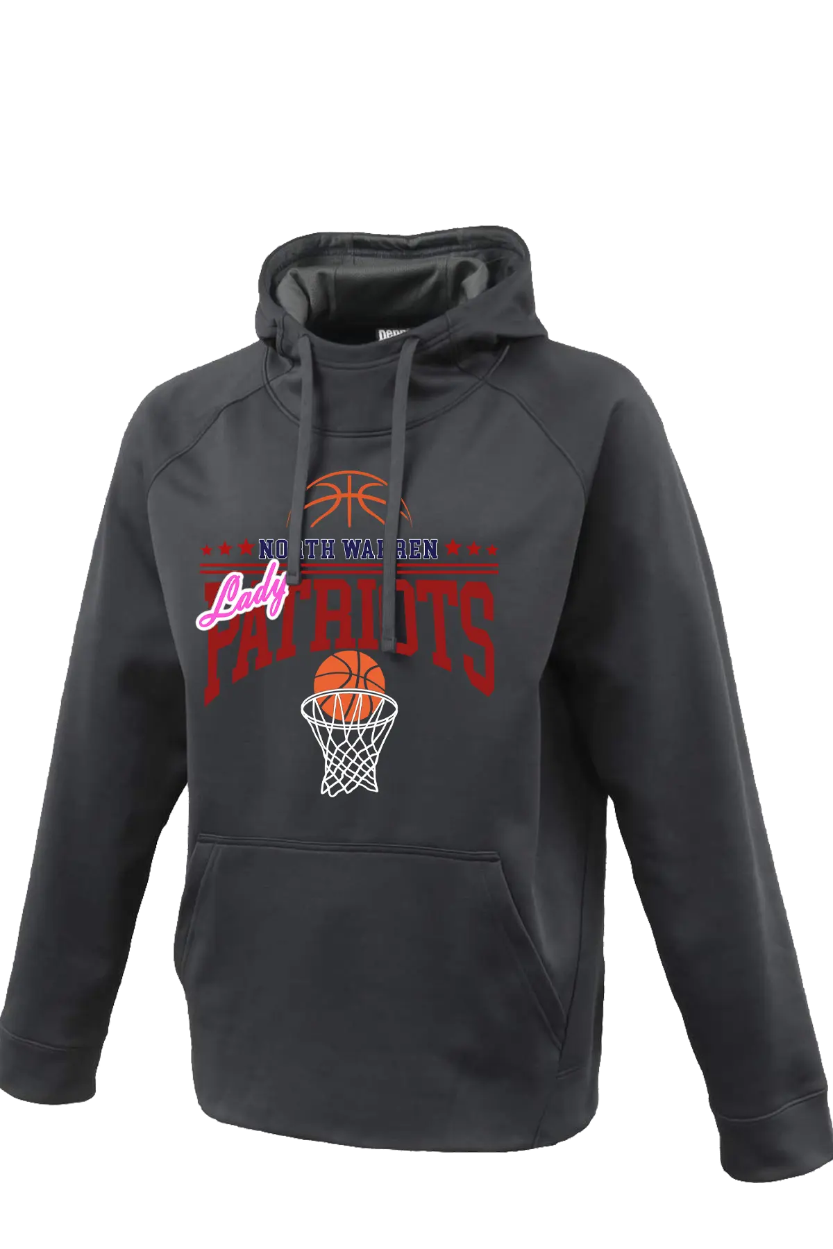 Dark gray hoodie with basketball graphics and text on a white background. Paper Street Print Co, Blairstown, NJ.