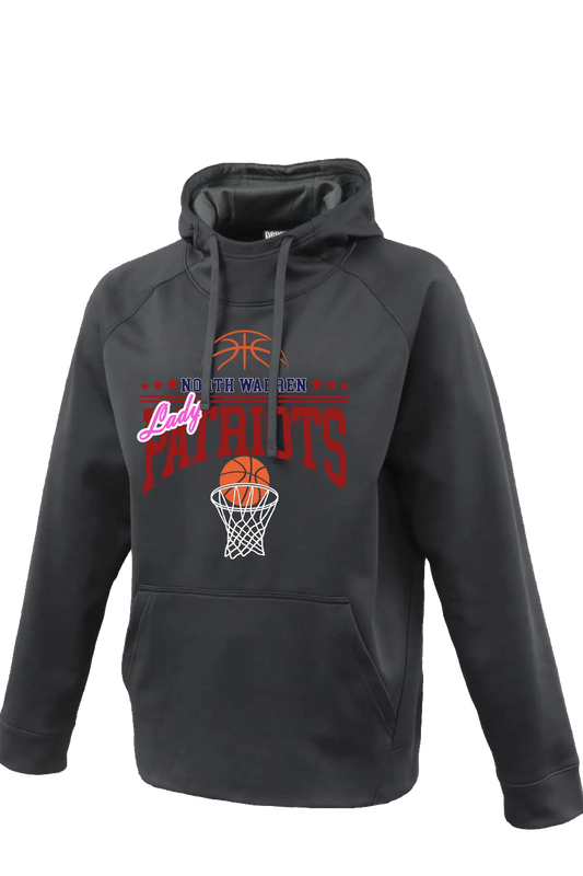 Dark gray hoodie with basketball graphics and text on a white background. Paper Street Print Co, Blairstown, NJ.
