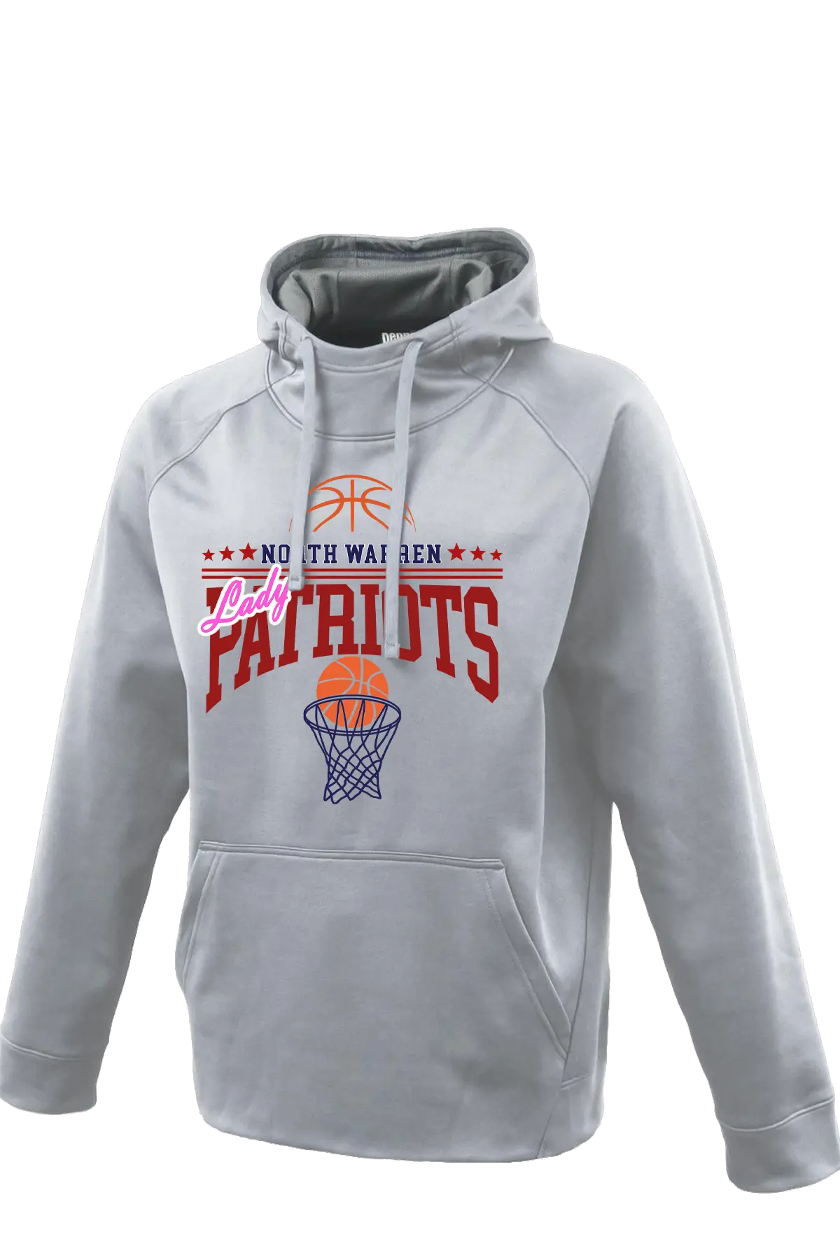 Gray hoodie with 'Lady Patriots' and basketball graphics on a white background. Paper Street Print Co, Blairstown, NJ.