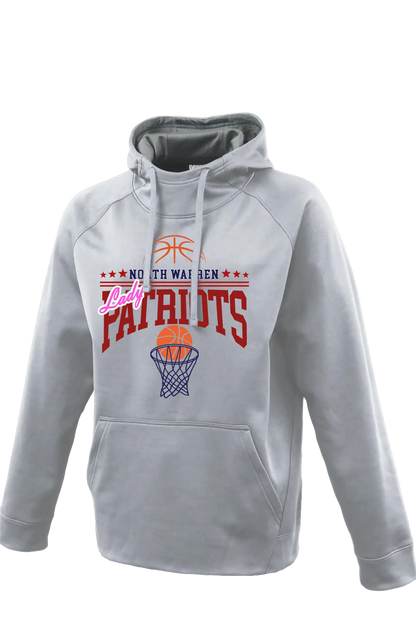 Gray hoodie with 'Lady Patriots' and basketball graphics on a white background. Paper Street Print Co, Blairstown, NJ.