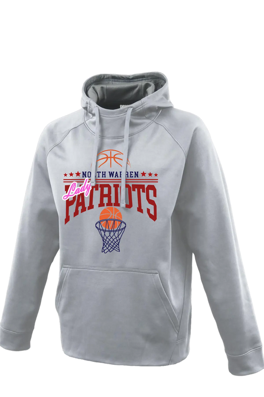 Gray hoodie with 'Lady Patriots' and basketball graphics on a white background. Paper Street Print Co, Blairstown, NJ.
