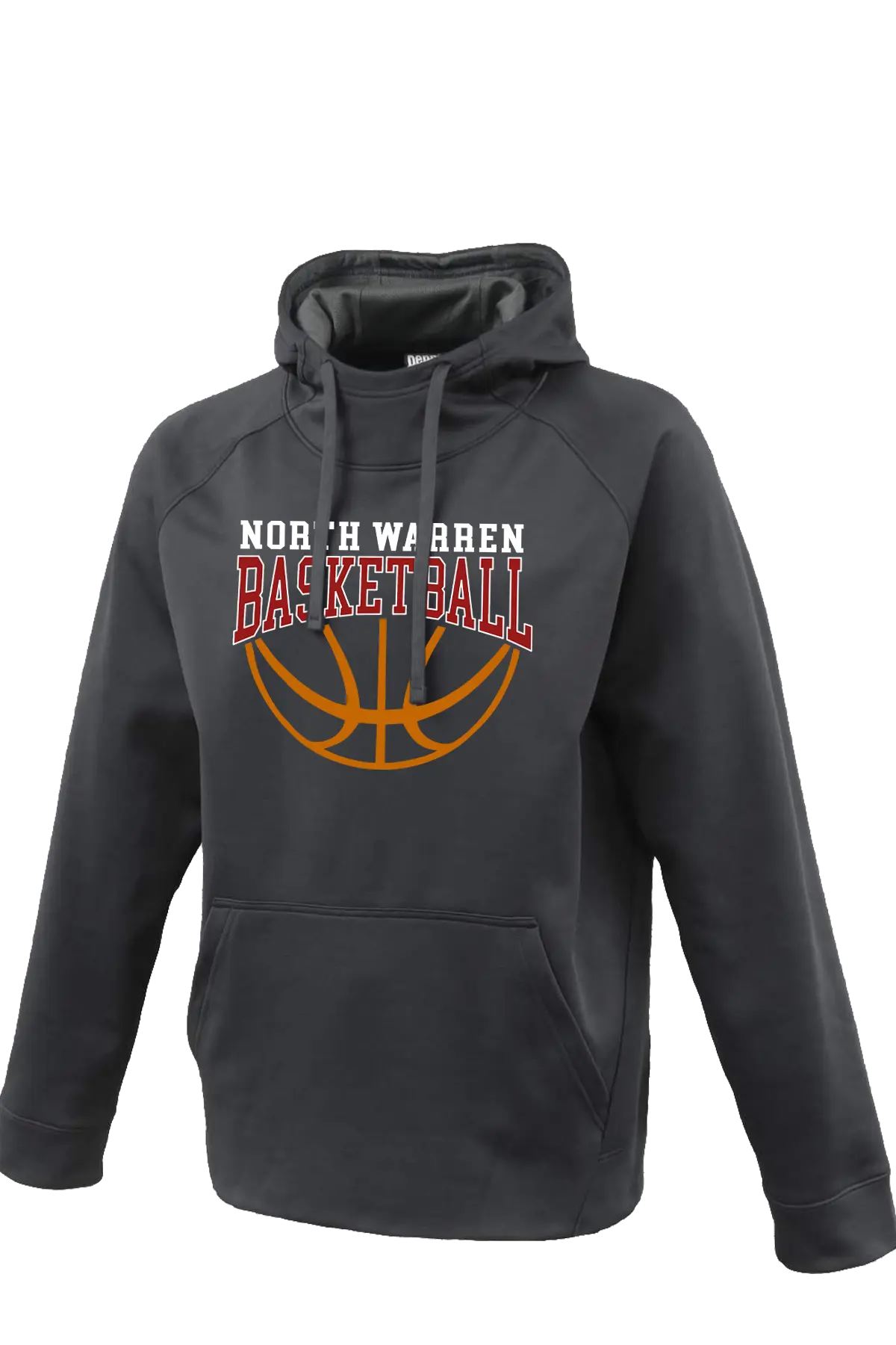 Dark gray hoodie with 'North Warren Basketball' text and basketball graphic on a white background. Paper Street Print Co, Blairstown, NJ.