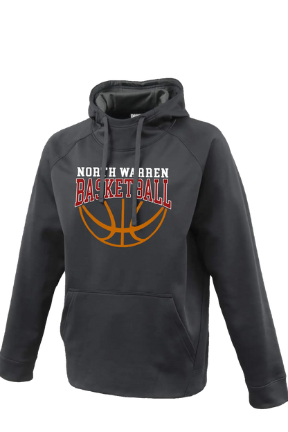 Dark gray hoodie with 'North Warren Basketball' text and basketball graphic on a white background. Paper Street Print Co, Blairstown, NJ.