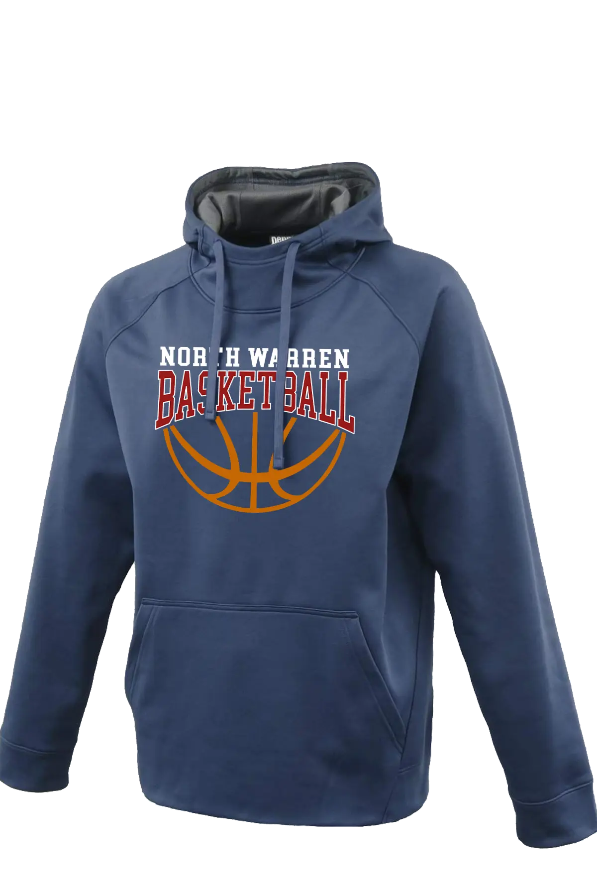 Blue hoodie with 'North Warren Basketball' text and basketball graphic on a white background. Paper Street Print Co, Blairstown, NJ.