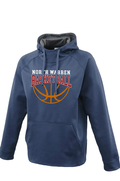 Blue hoodie with 'North Warren Basketball' text and basketball graphic on a white background. Paper Street Print Co, Blairstown, NJ.