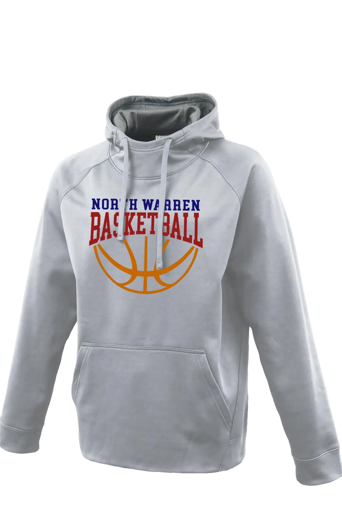 Gray hoodie with 'North Warren Basketball' text and basketball graphic on a white background. Paper Street Print Co, Blairstown, NJ.