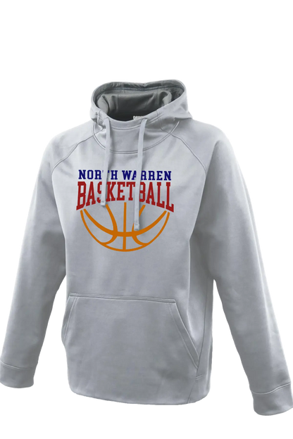 Gray hoodie with 'North Warren Basketball' text and basketball graphic on a white background. Paper Street Print Co, Blairstown, NJ.