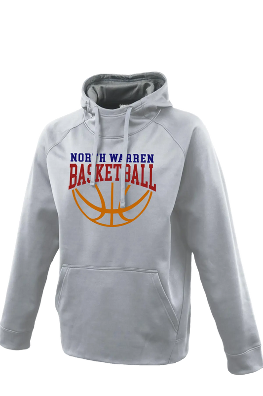 Gray hoodie with 'North Warren Basketball' text and basketball graphic on a white background. Paper Street Print Co, Blairstown, NJ.