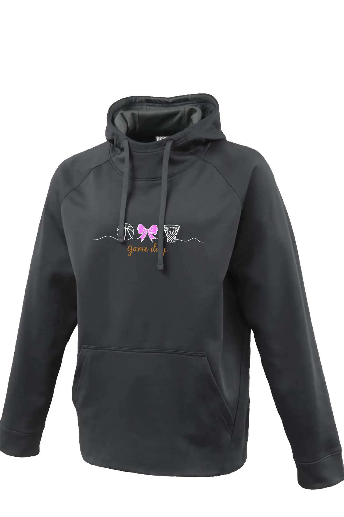 Black hoodie with a logo on a white background. Paper Street Print Co, Blairstown, NJ.