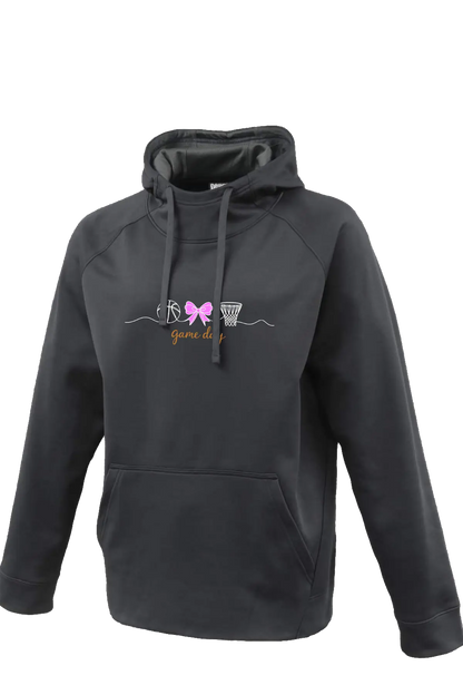 Black hoodie with a logo on a white background. Paper Street Print Co, Blairstown, NJ.