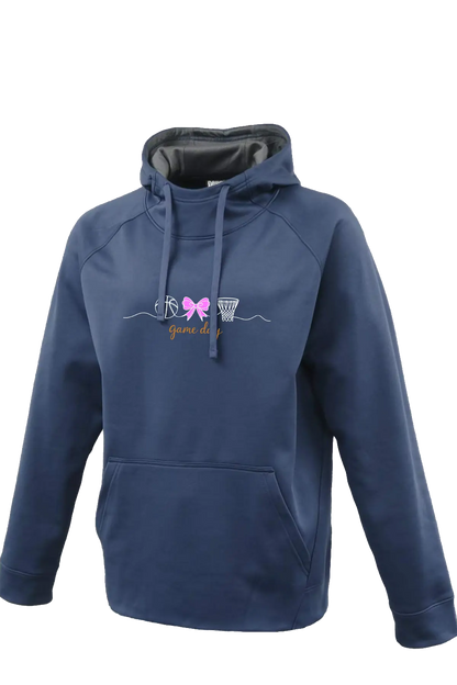 Navy blue hoodie with a pink bow graphic on a white background. Paper Street Print Co, Blairstown, NJ.