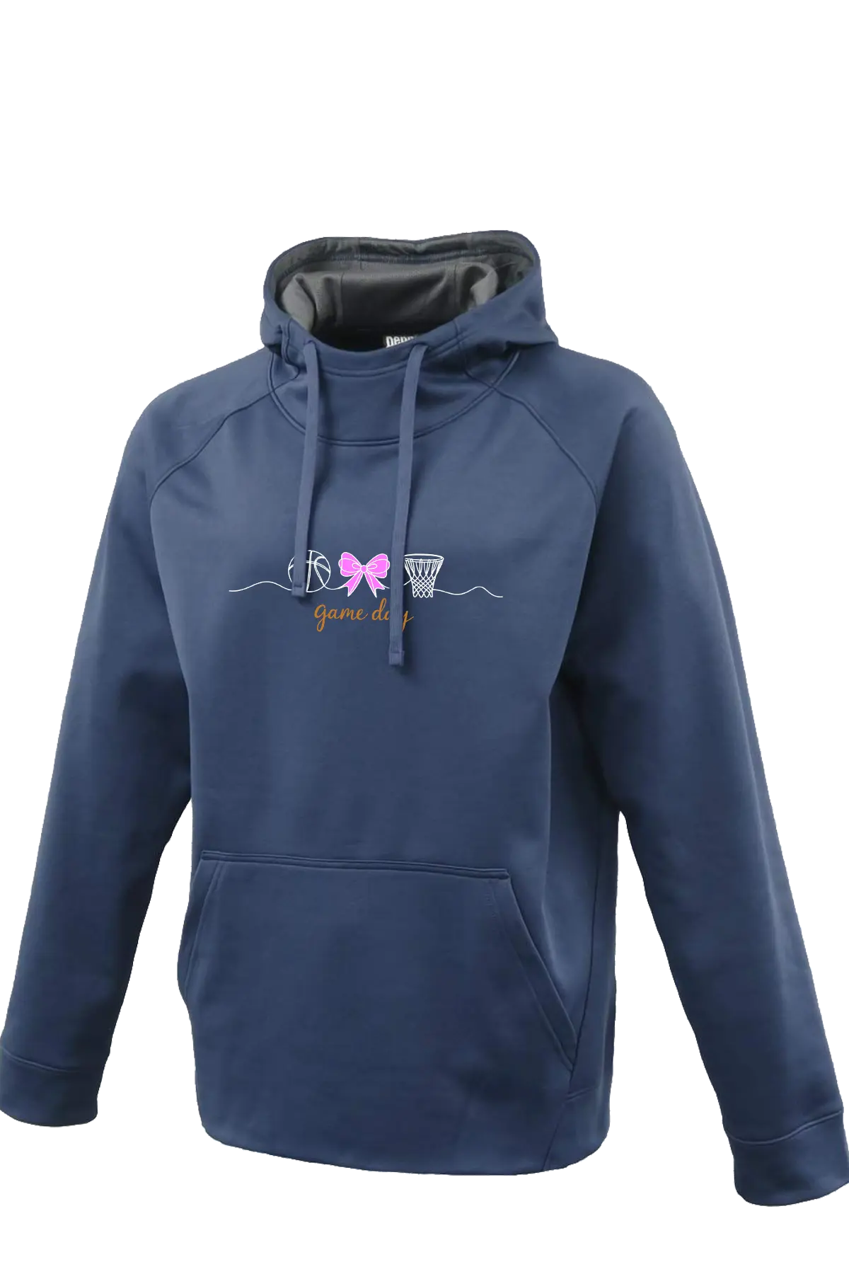 Navy blue hoodie with a pink bow graphic on a white background. Paper Street Print Co, Blairstown, NJ.