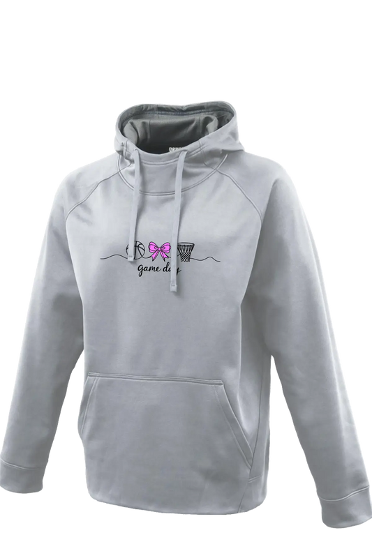 Gray hoodie with a logo on a white background. Paper Street Print Co, Blairstown, NJ.