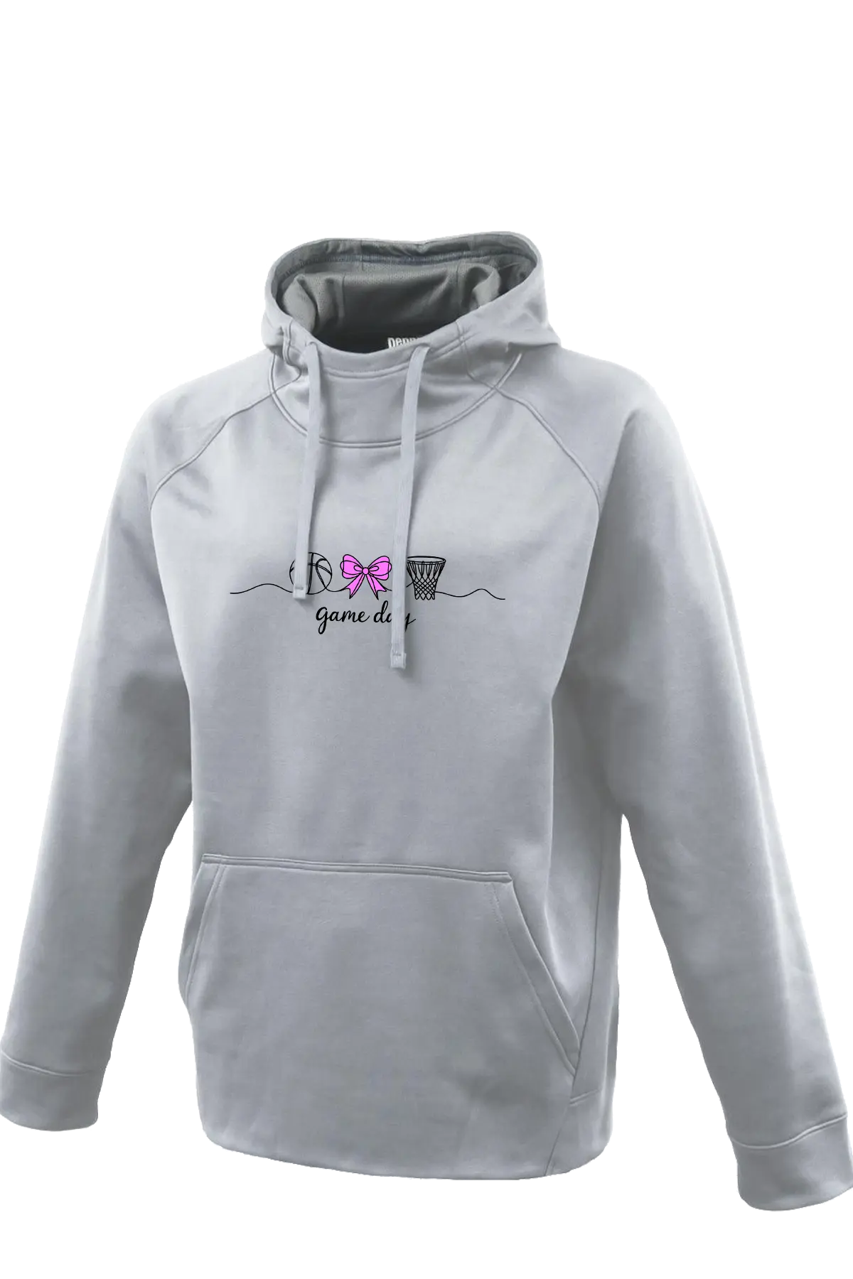 Gray hoodie with a logo on a white background. Paper Street Print Co, Blairstown, NJ.