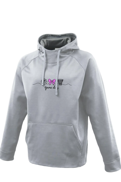 Gray hoodie with a logo on a white background. Paper Street Print Co, Blairstown, NJ.