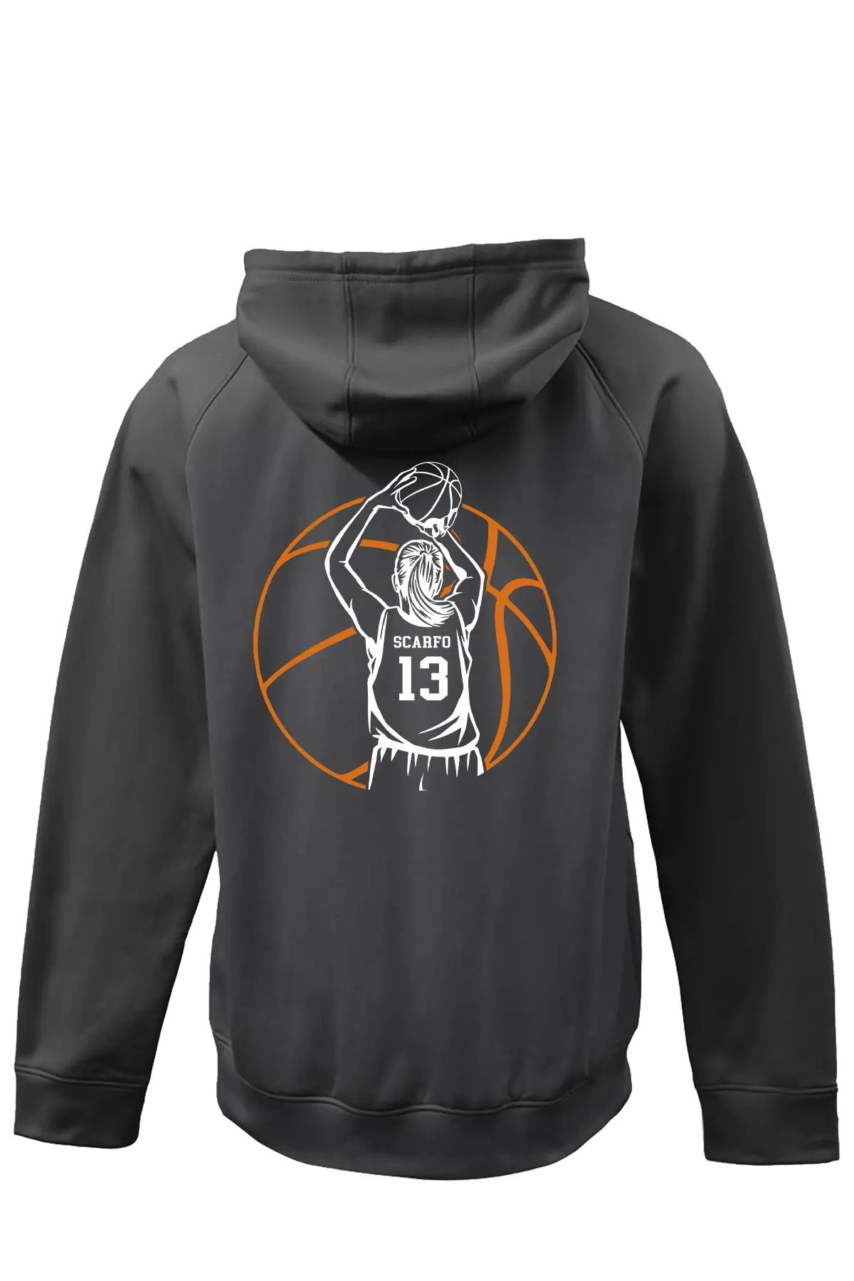 Black hoodie with basketball player graphic on the back against a white background. Paper Street Print Co, Blairstown, NJ.