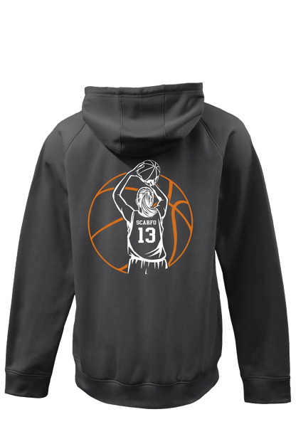 Black hoodie with basketball player graphic on the back against a white background. Paper Street Print Co, Blairstown, NJ.