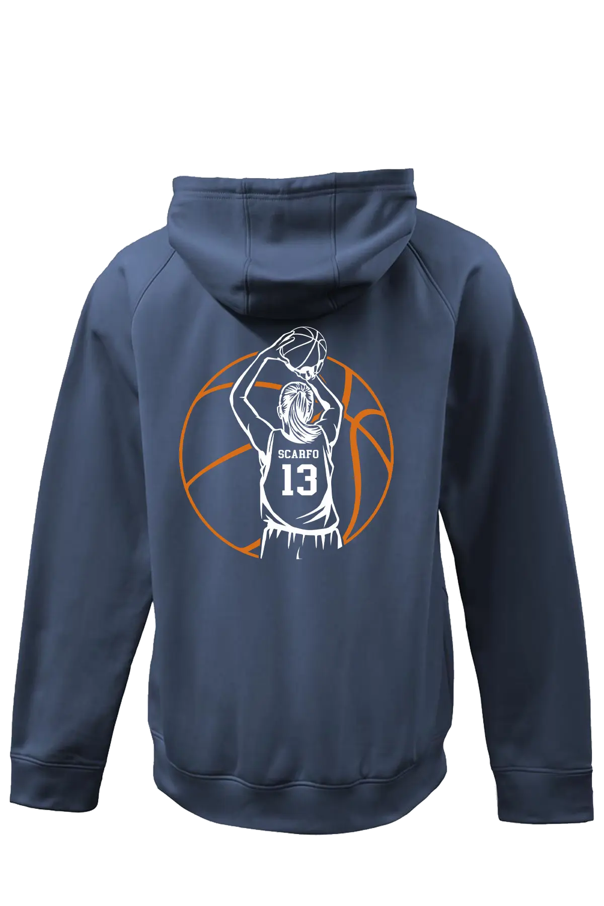 Navy blue hoodie with basketball player graphic on the back against a white background. Paper Street Print Co, Blairstown, NJ.