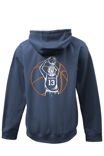 Navy blue hoodie with basketball player graphic on the back against a white background. Paper Street Print Co, Blairstown, NJ.