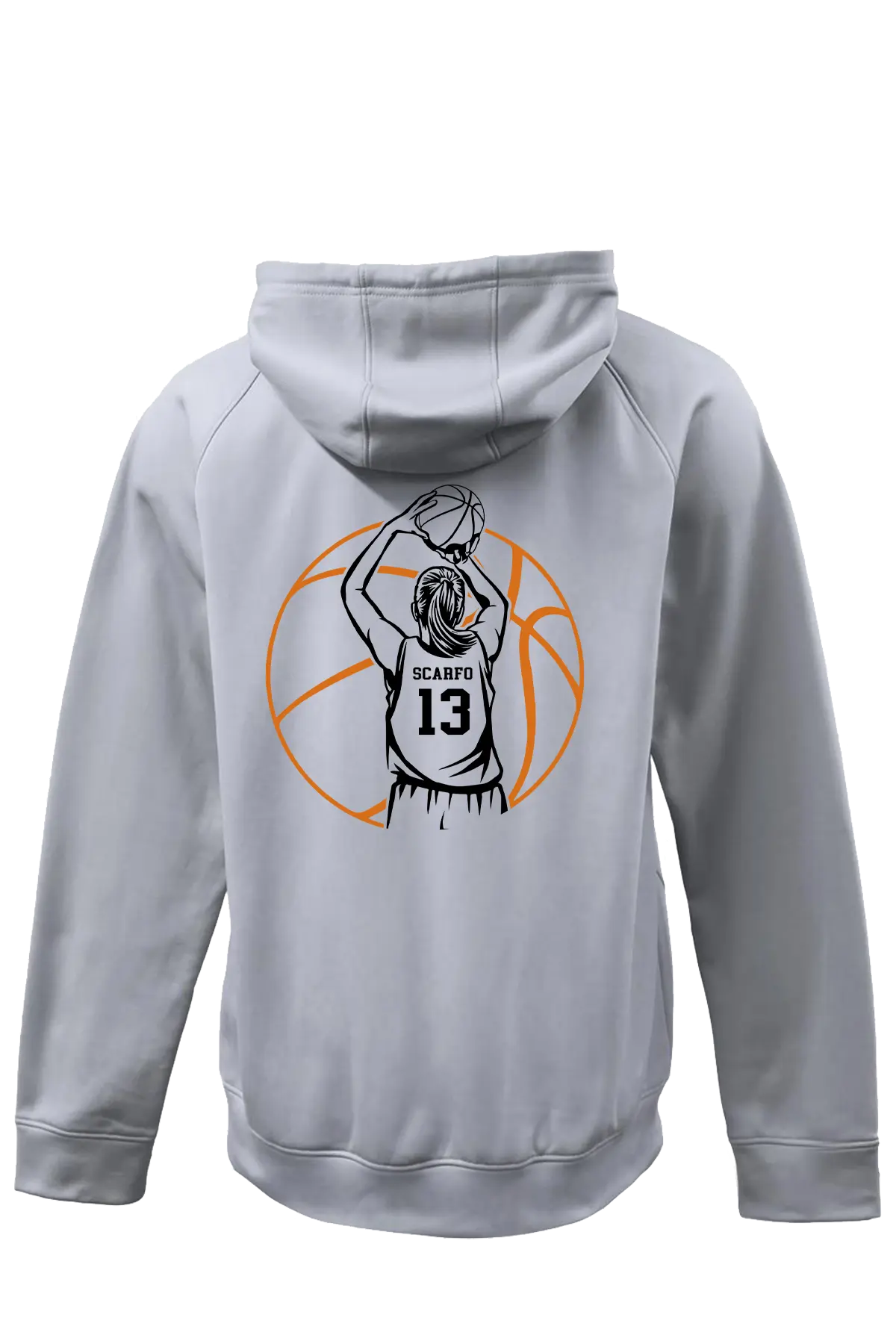 Gray hoodie with basketball player graphic on the back against a white background. Paper Street Print Co, Blairstown, NJ.