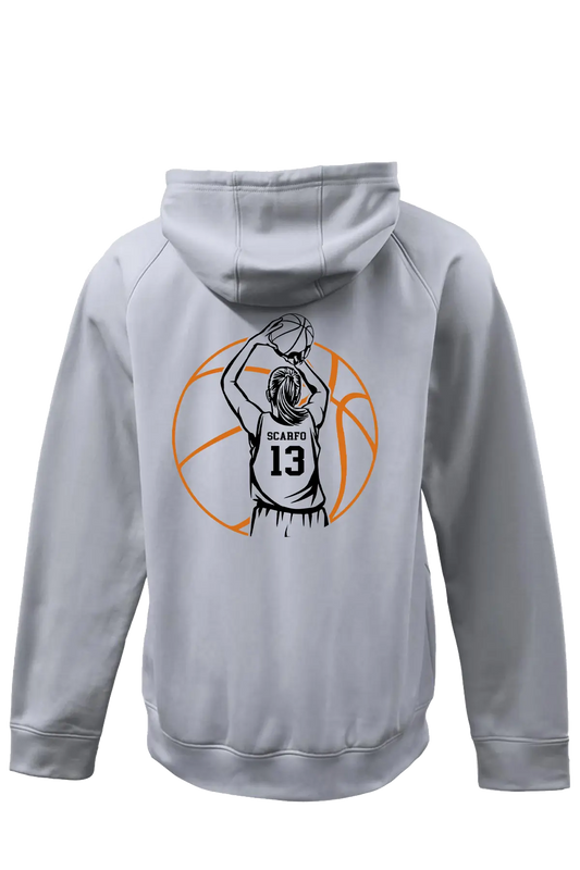 Gray hoodie with basketball player graphic on the back against a white background. Belvidere Lady Seaters Basketball, Paper Street Print Co, Blairstown, NJ.