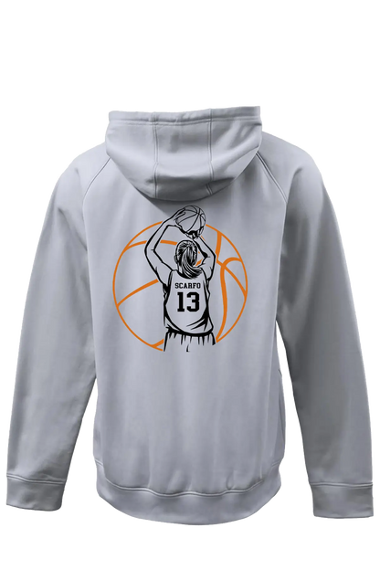 Gray hoodie with basketball player graphic on the back against a white background. Paper Street Print Co, Blairstown, NJ.