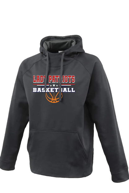 Black hoodie with 'LADY PATRIOTS BASKETBALL' text and basketball graphic on a white background. Paper Street Print Co, Blairstown, NJ.