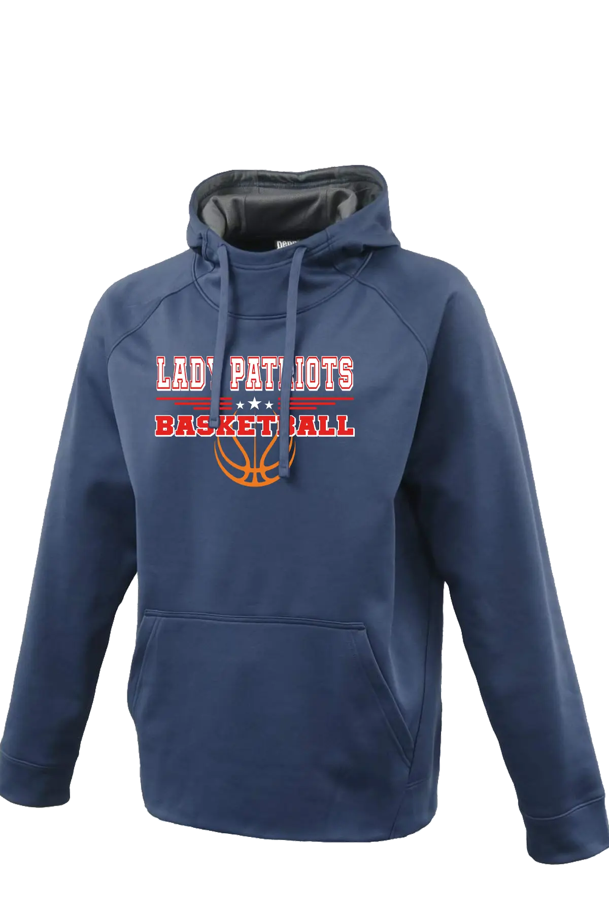 Navy blue hoodie with 'LADY PATRIOTS' and 'BASKETBALL' text on a white background. Paper Street Print Co, Blairstown, NJ.