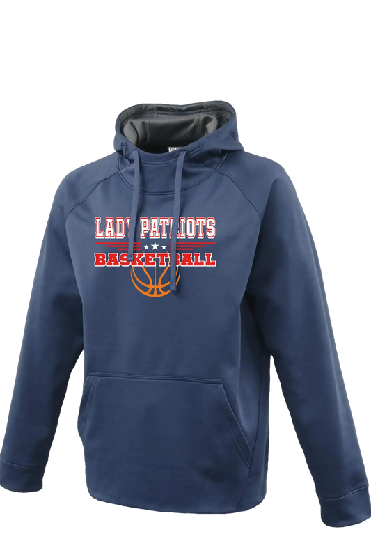 Navy blue hoodie with 'LADY PATRIOTS' and 'BASKETBALL' text on a white background. Paper Street Print Co, Blairstown, NJ.