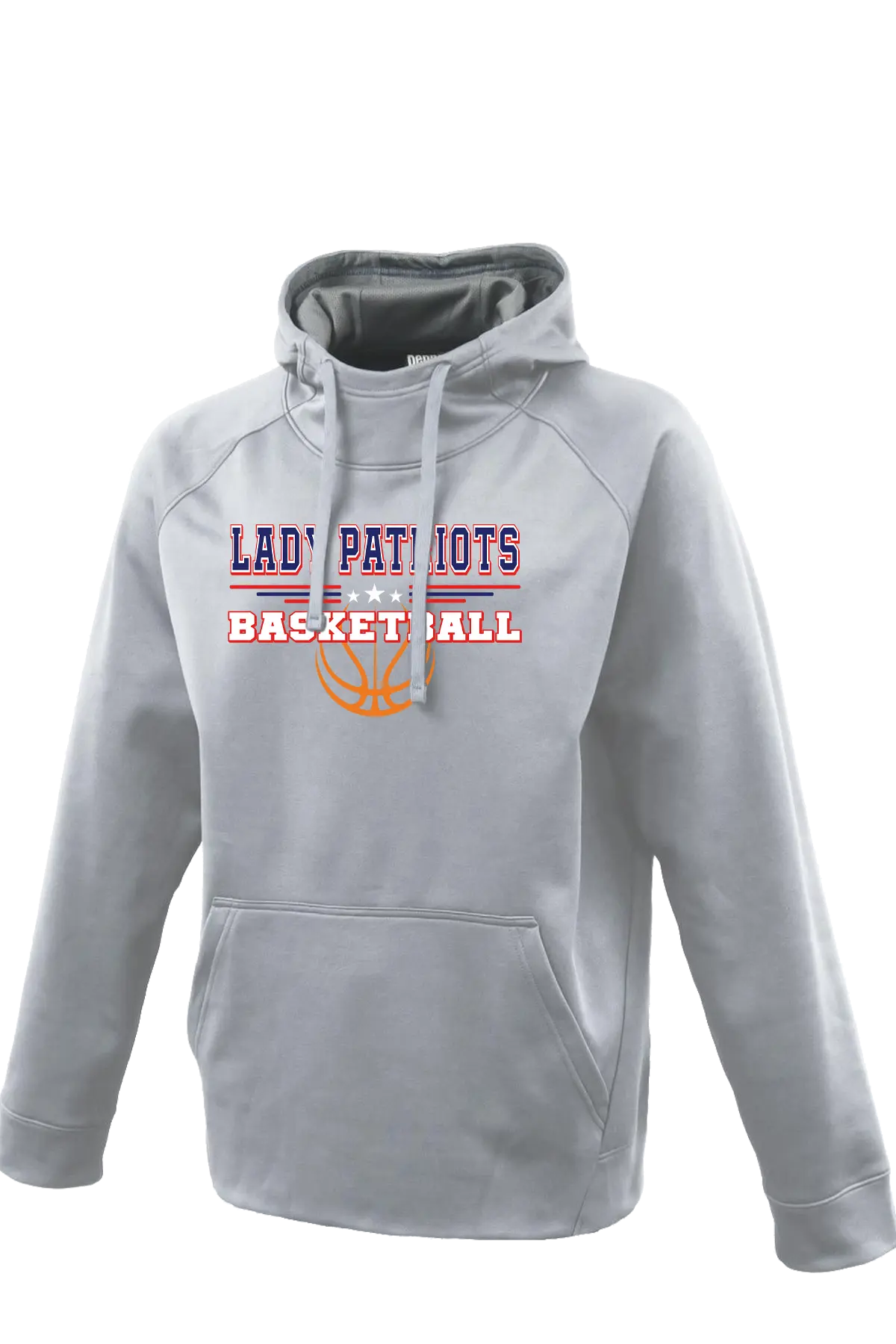 Gray hoodie with 'LADY PATRIOTS BASKETBALL' text and logo on a white background. Paper Street Print Co, Blairstown, NJ.