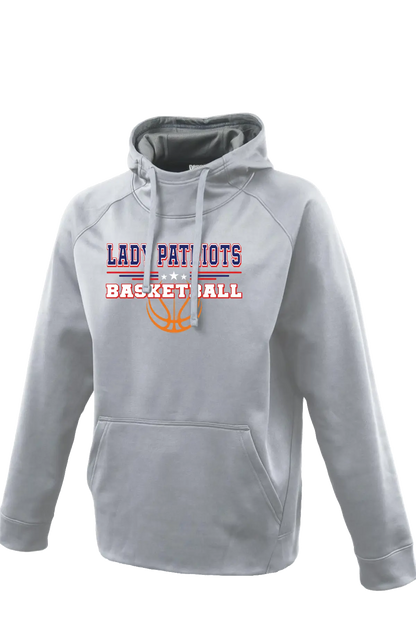 Gray hoodie with 'LADY PATRIOTS BASKETBALL' text and logo on a white background. Paper Street Print Co, Blairstown, NJ.