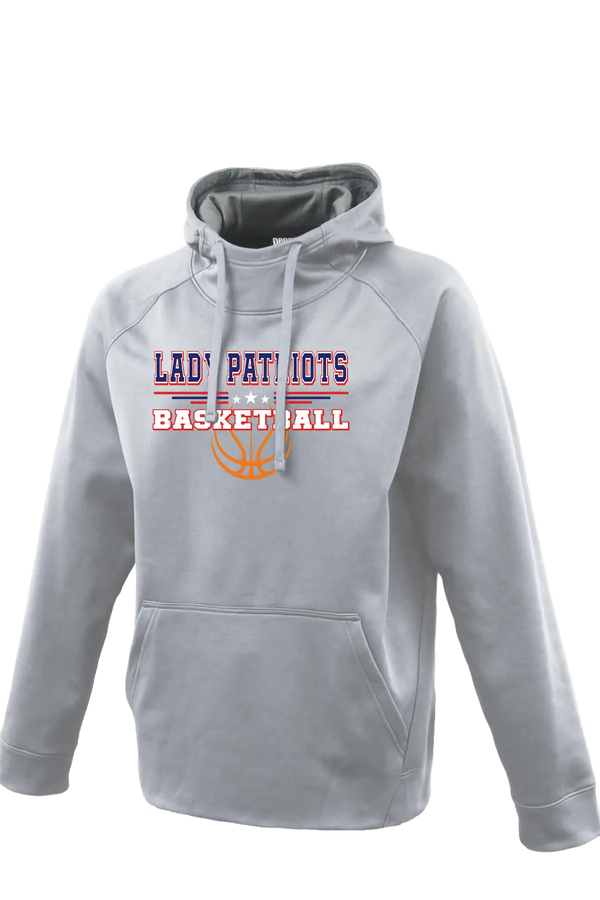 Gray hoodie with 'LADY PATRIOTS BASKETBALL' text and logo on a white background. Paper Street Print Co, Blairstown, NJ.